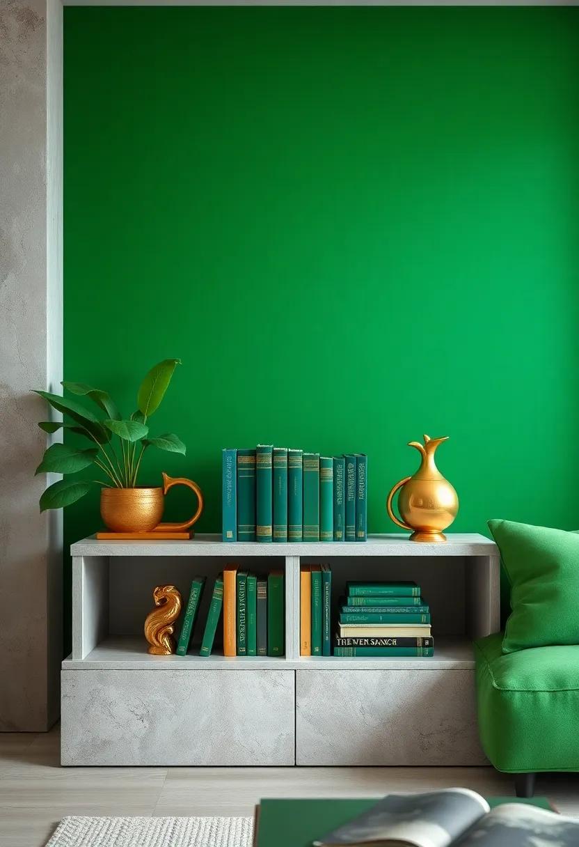 Gold Bookends with Green​ Books:⁤ Showcase your favorite⁤ books‌ on shelves ‌using eye-catching⁢ gold bookends against​ a backdrop ‌of lush⁤ green