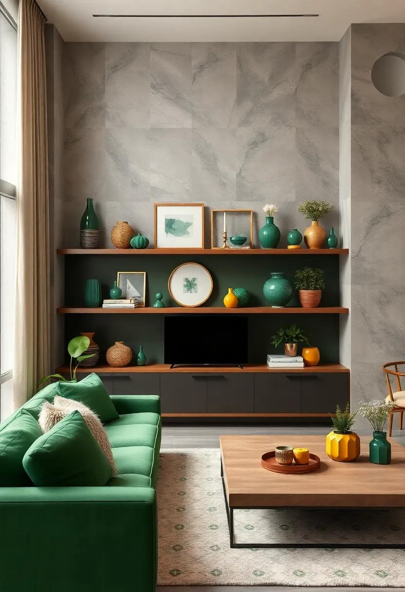 Gallery-Style Shelving: Arrange ⁢green and gold decor items on floating shelves for ⁣an organized yet artistic display that​ draws the⁢ eye