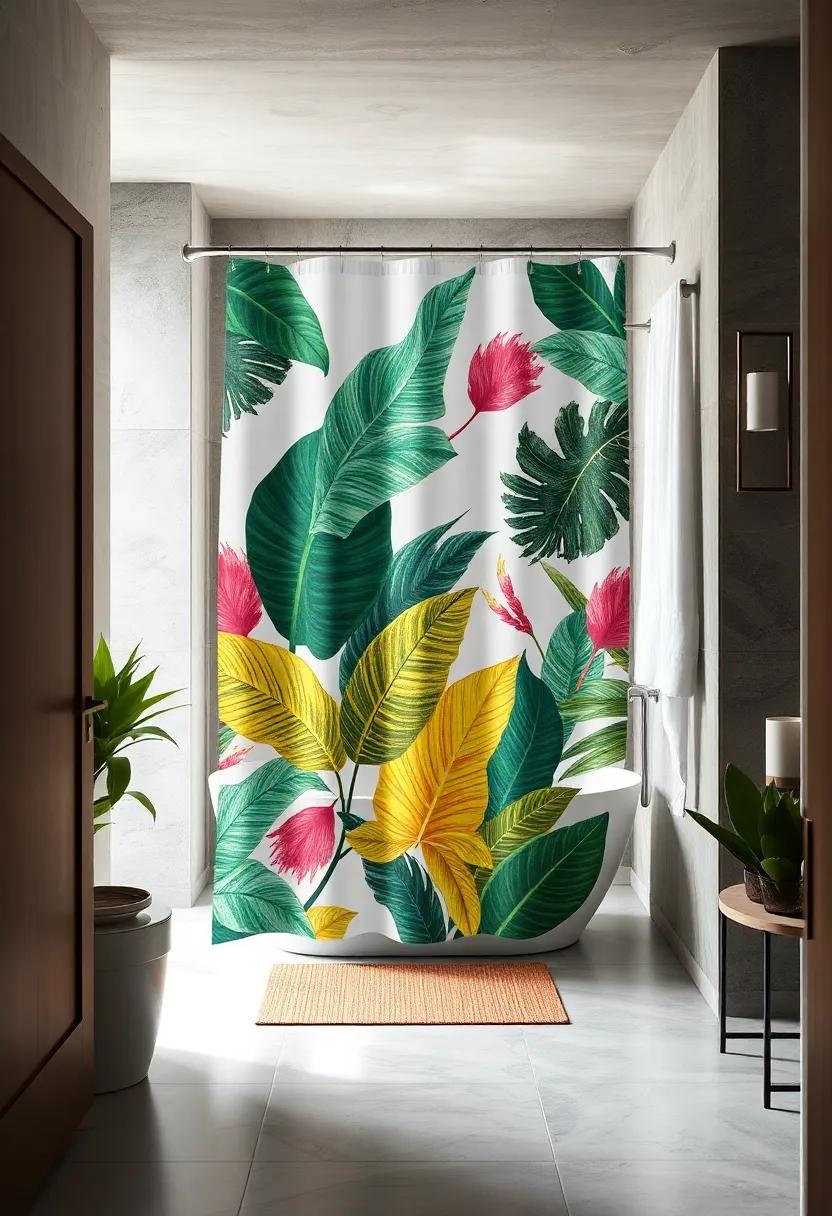 Bold Botanicals: Large leafy prints add a tropical flair, inviting nature indoors and giving your shower an invigorating vibe