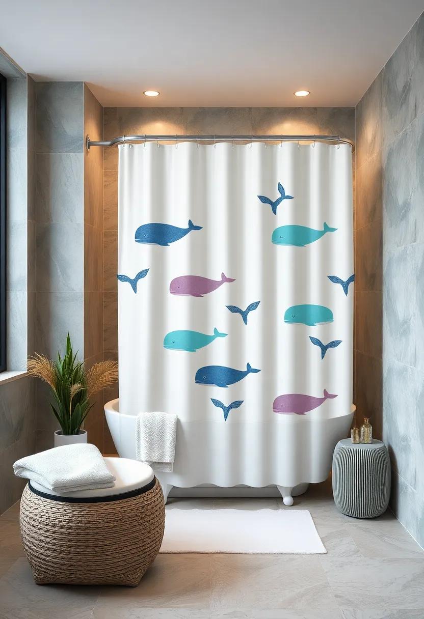 Whimsical Whales: Adorable illustrations of whales in soft colors turn your shower into a playful ocean-inspired space, ideal for families