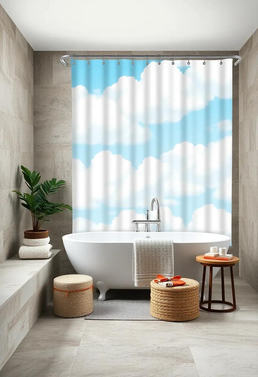 Whimsical Clouds: A dreamy sky design featuring fluffy clouds creates a soothing environment, perfect for unwinding in a warm bath