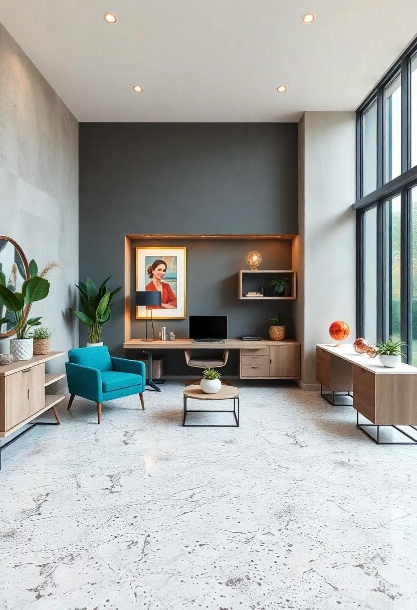 curate a Color Palette: develop a cohesive color palette that ties together elements in your office, enhancing the look of your terrazzo