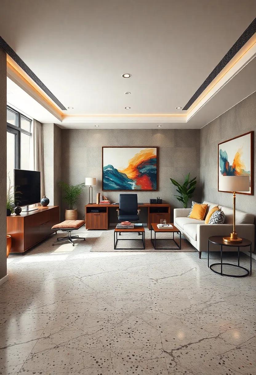 Showcase Art: Hang artwork that complements the colors in your terrazzo flooring, creating a cohesive and curated aesthetic