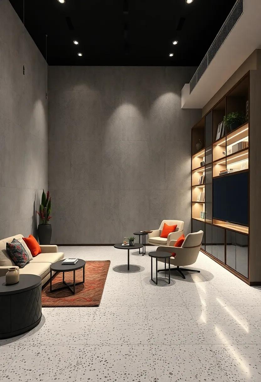 Use Backlit Shelving: Install backlit shelving units that highlight your terrazzo floor while providing functional storage