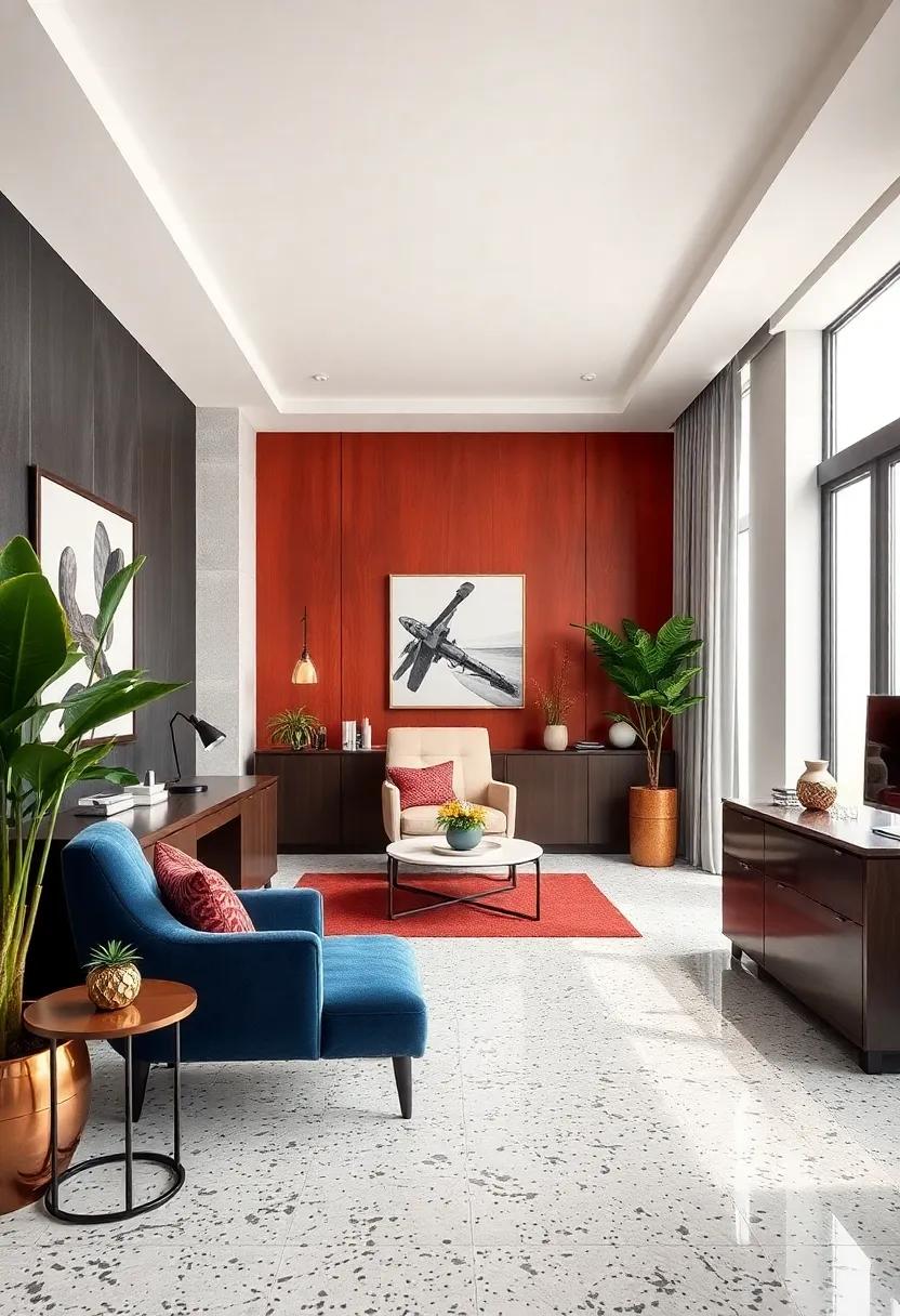 Experiment with Accent Walls: Paint or wallpaper an accent wall that enhances the color scheme of your terrazzo, adding a touch of personality