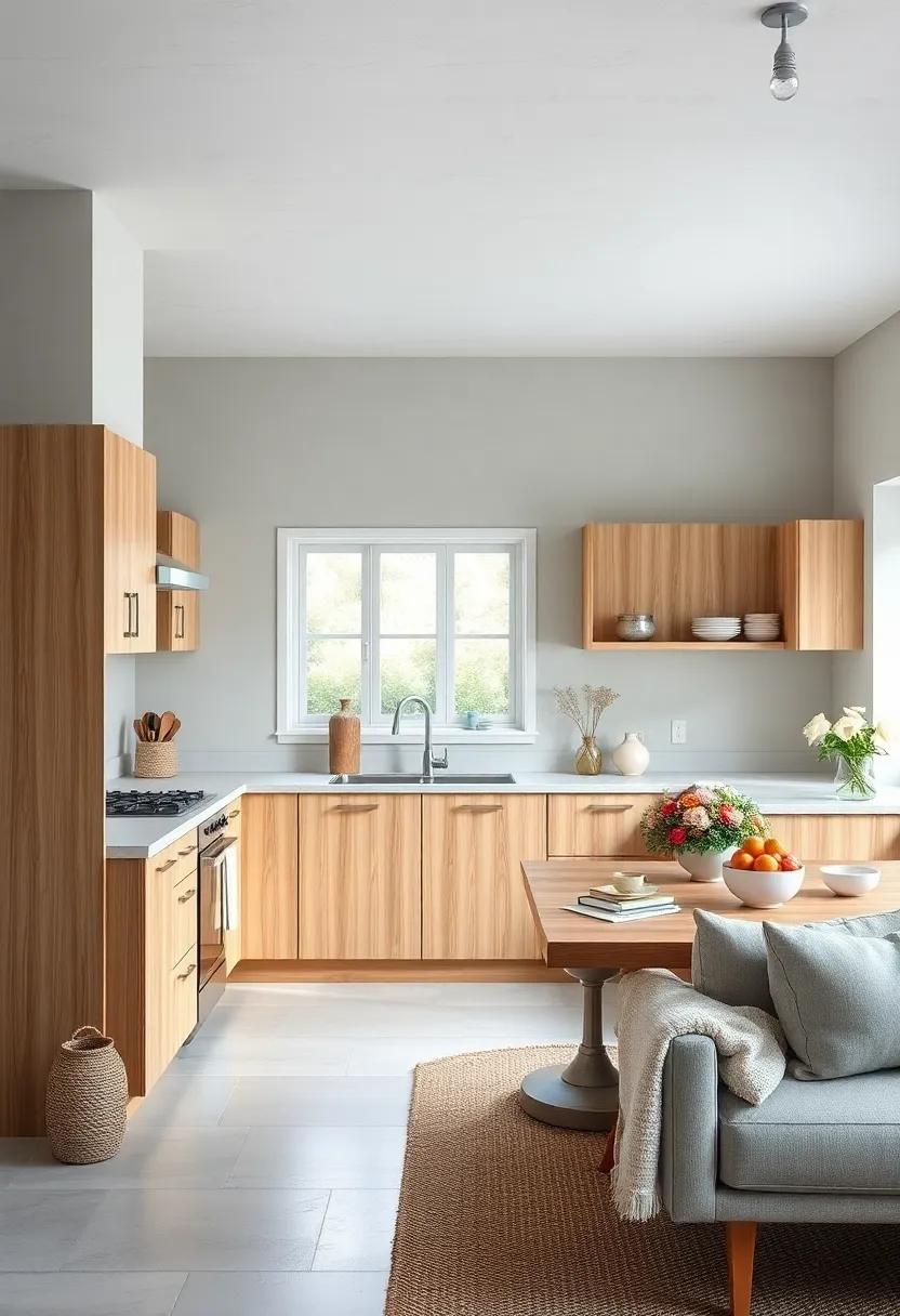 embrace a Coastal Vibe: Pair light gray walls with oak cabinets and decor inspired by the sea for a fresh and airy kitchen atmosphere
