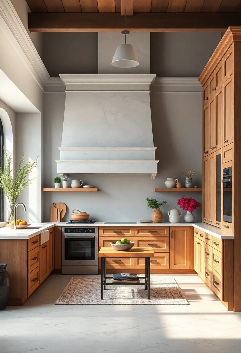 Highlight Architectural Details: Use light gray to accentuate moldings and trims around oak cabinets, drawing attention to the kitchen’s unique architectural features