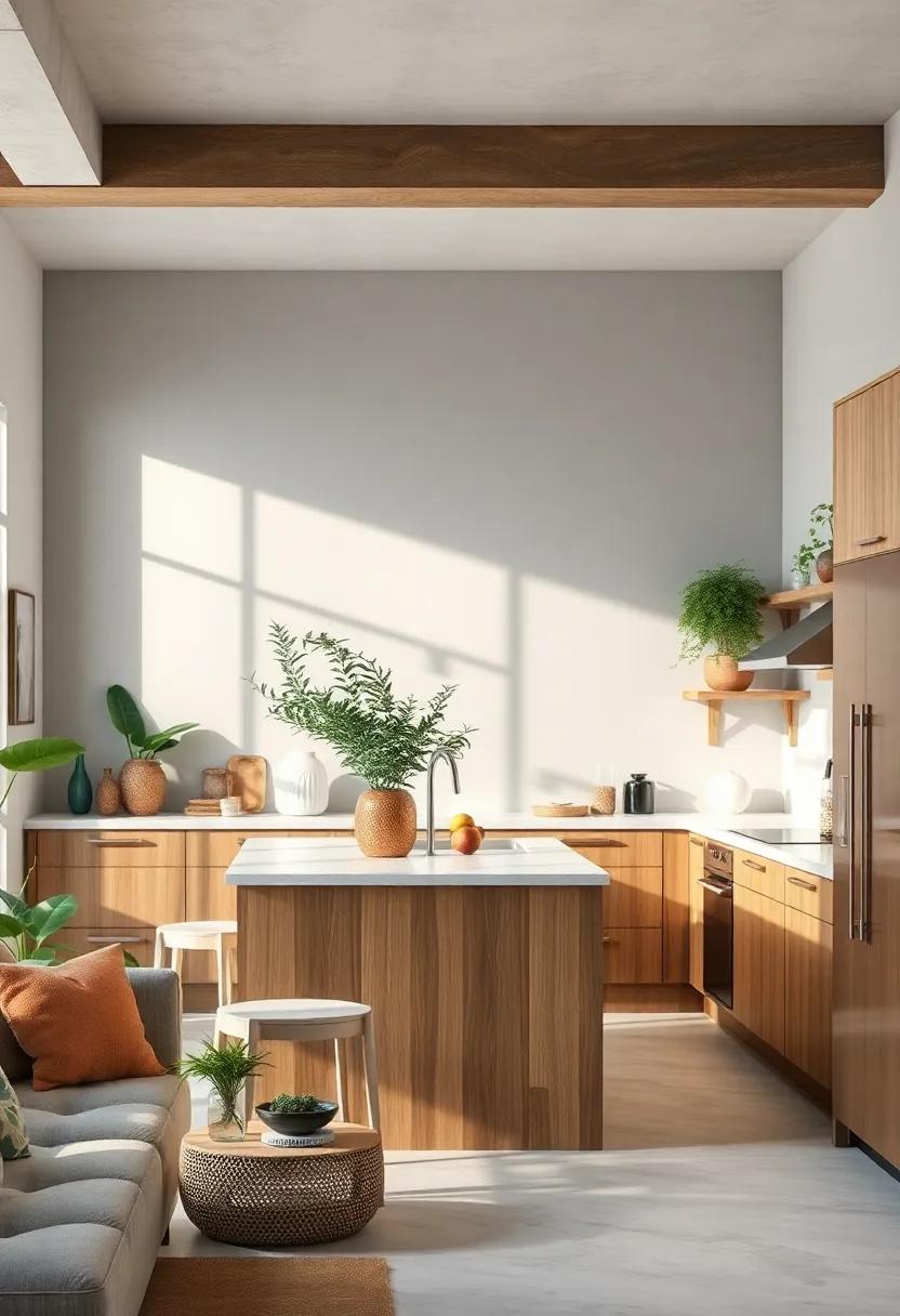 Bring in Nature: Integrate green plants against light gray walls, which beautifully complements oak cabinets and fosters a calming, natural environment