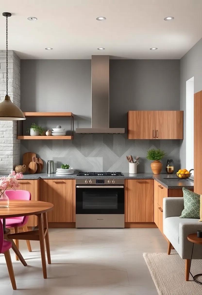 Experiment with Geometry: Use geometric patterns in your backsplash that tie in both the light gray walls and oak cabinetry for a modern twist