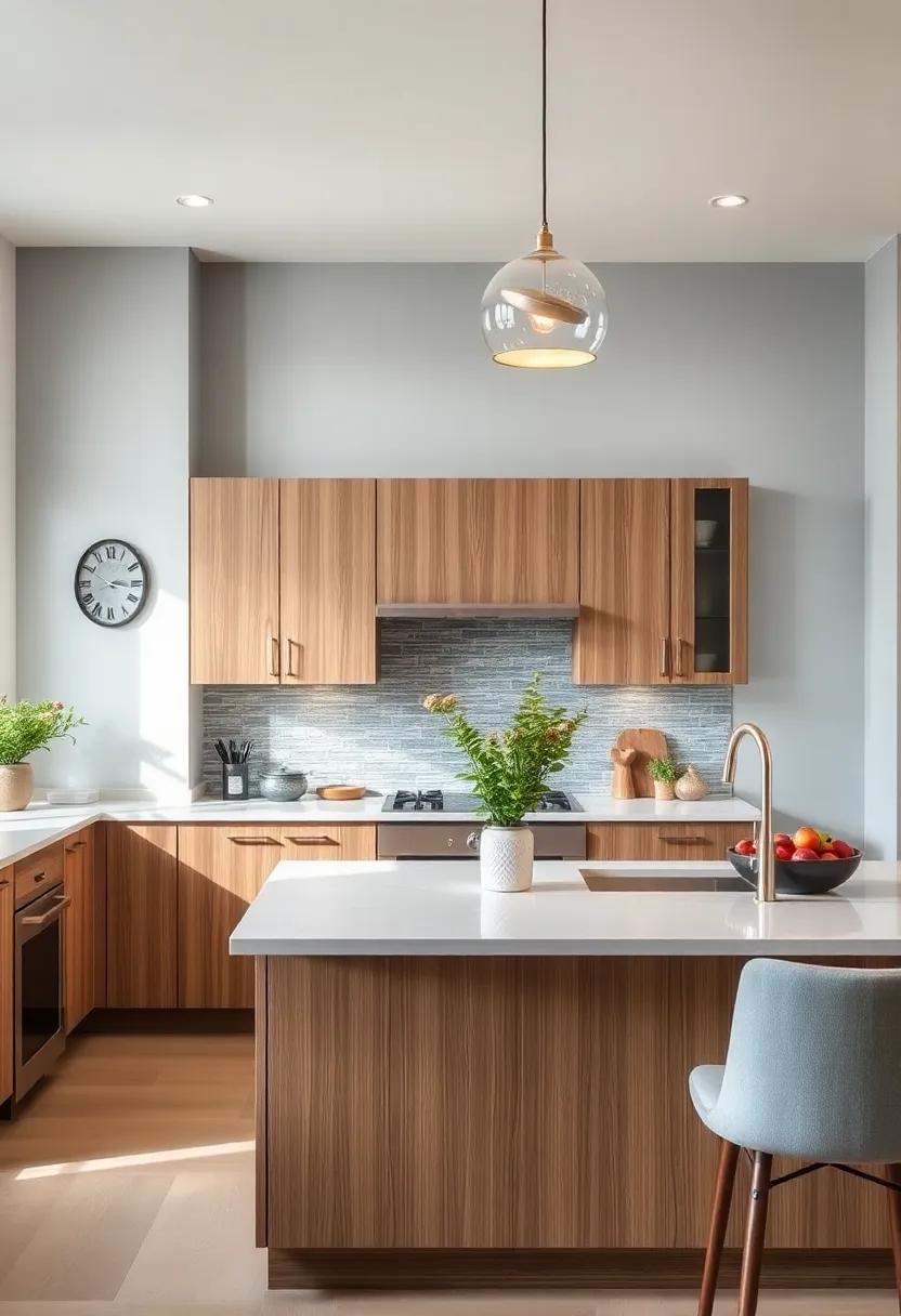 Incorporate Metallics: Add a metallic backsplash like brushed nickel to complement both the light gray walls and oak cabinets, infusing a modern touch