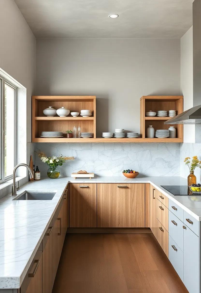 Use Open Shelving: Replace some upper cabinets with open shelving in light gray to showcase beautiful dishware against the oak cabinetry below