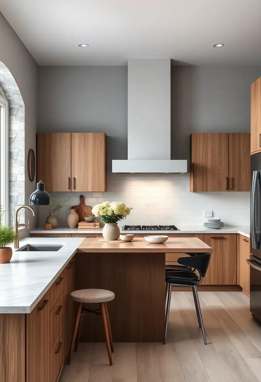 Use Monochromatic Tones: Layer various shades of gray in your decor against light gray walls and oak cabinets for a sophisticated monochromatic look