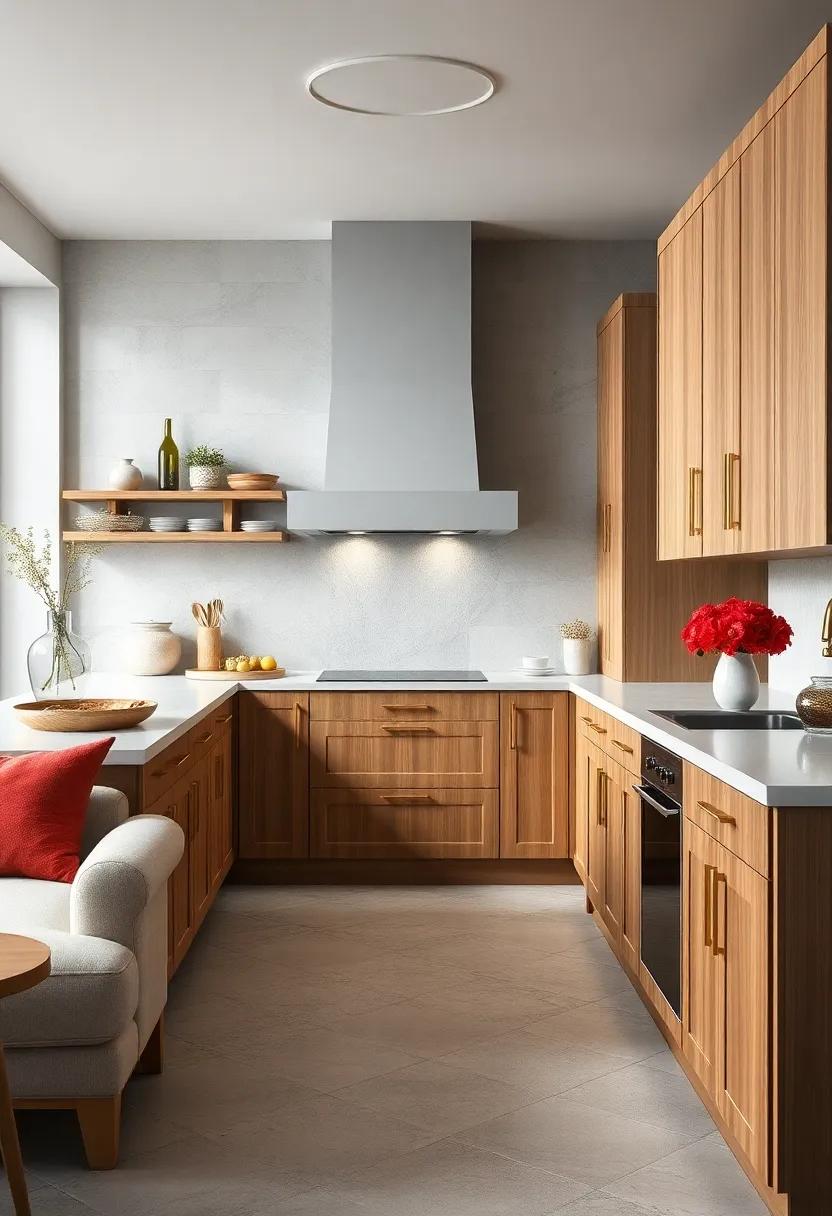 Add a touch of Elegance: Use light gray as a backdrop for sophisticated gold hardware on oak cabinets, creating a refined and luxurious feel