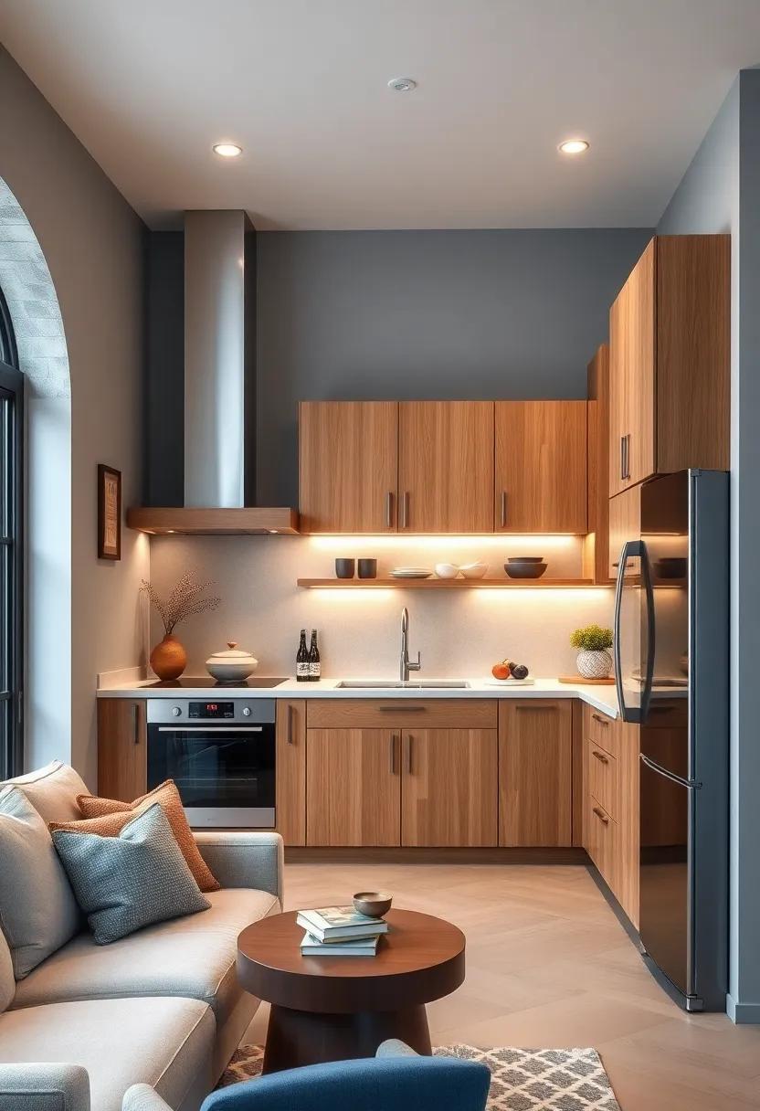 install Built-in Lighting: Incorporate under-cabinet lighting that beautifully highlights light gray walls and the natural grain of oak cabinets