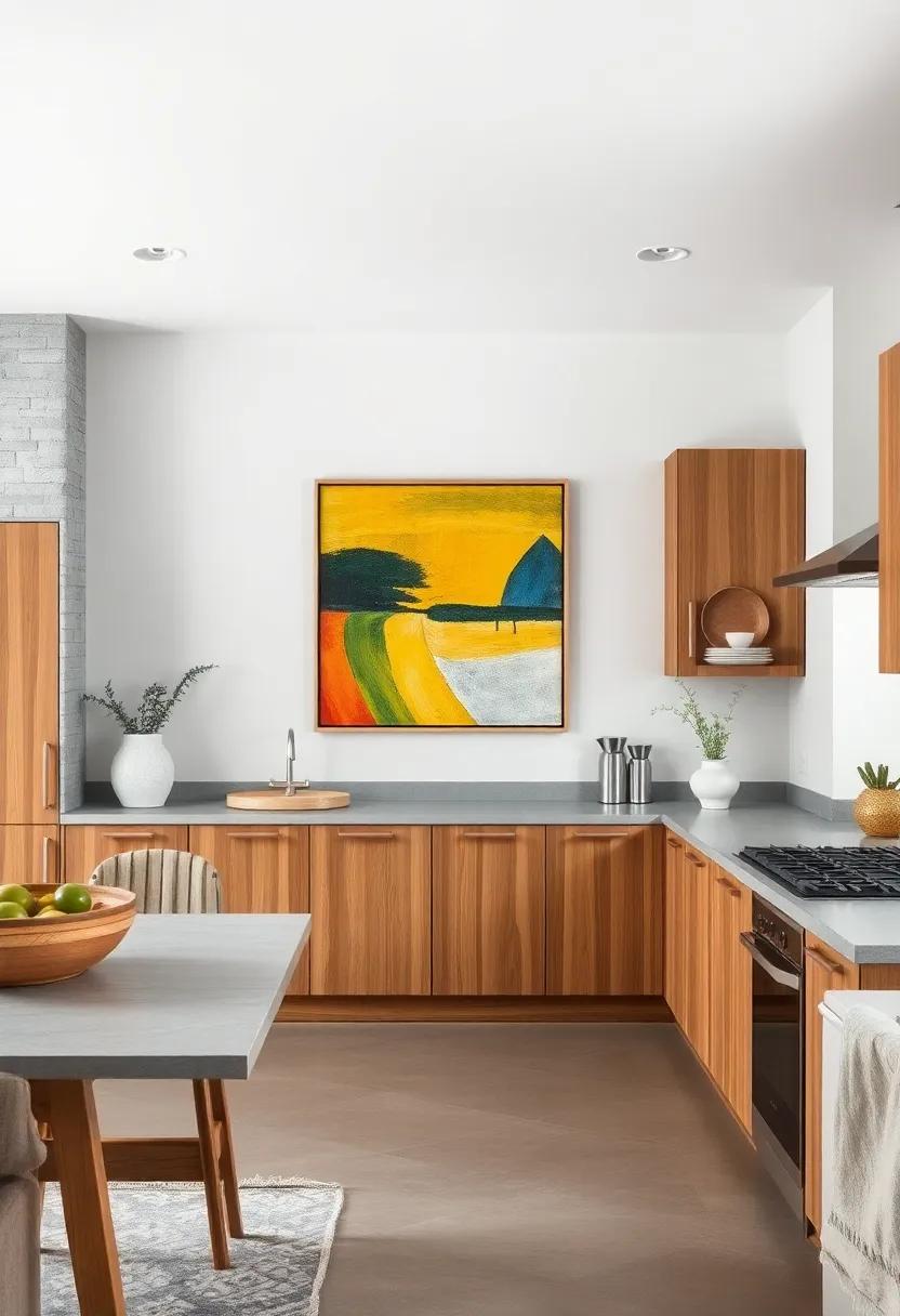 Showcase Bold art: Hang a large, eye-catching piece of artwork on a light gray wall to serve as a focal point against the warmth of oak cabinets