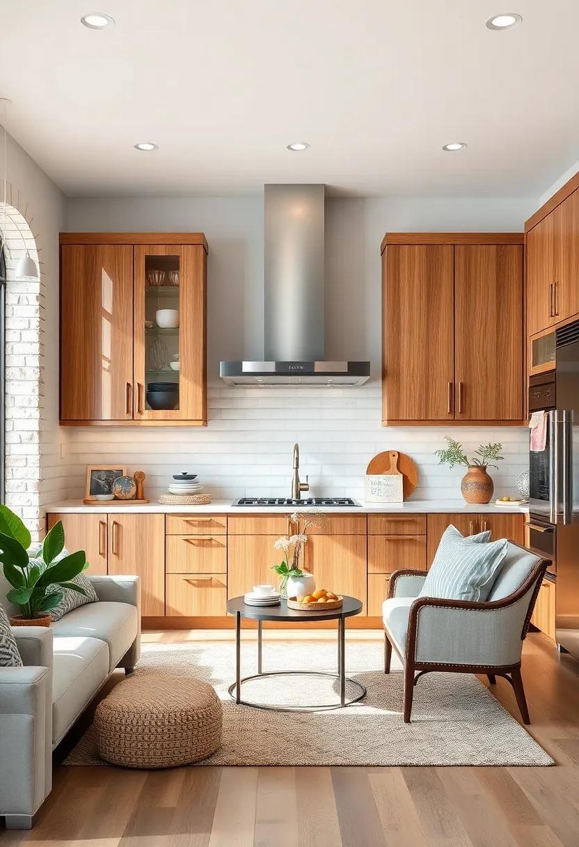 Build a Cozy Nook: Create an inviting seating area with light gray walls paired with oak cabinets that house charming dishware and cookbooks