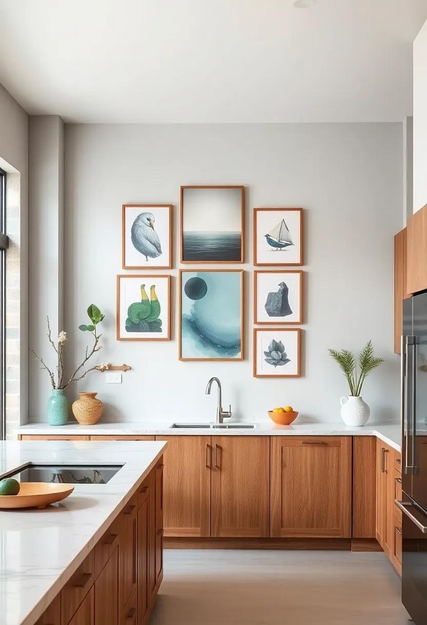 Incorporate Artistic Elements: Showcase a gallery wall of art on light gray backdrops to contrast with oak cabinet finishes and express your personality