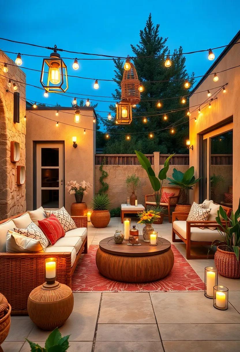 Ambient Lighting: Use soft, warm lights like hanging lanterns, fairy lights, or LED candles to set a dreamy evening mood