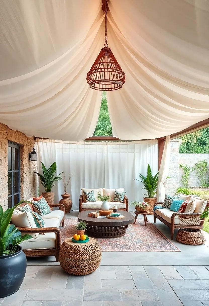 Bohemian Canopies: Drape flowing, gauzy fabrics overhead to create a magical tent-like space, perfect for relaxation and gatherings