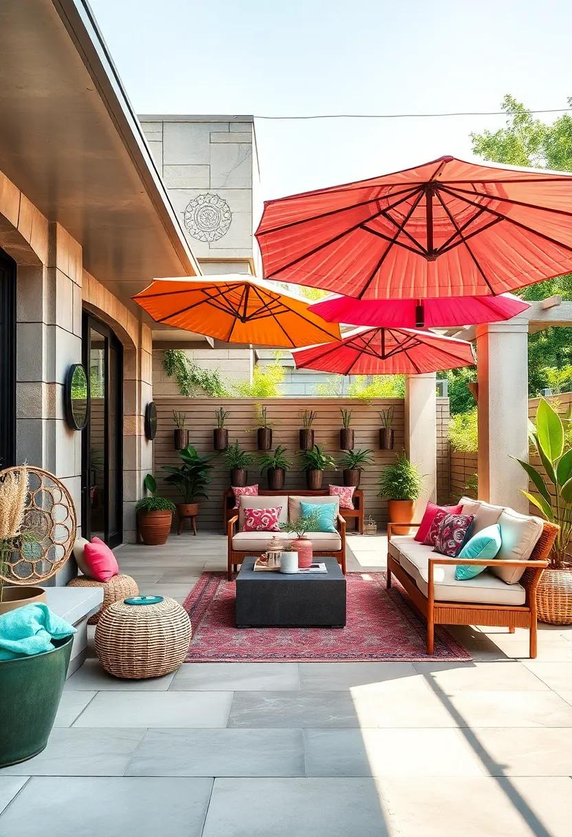 Colorful Umbrellas: Layer bold, patterned umbrellas over your seating to combination shade and flair to your outdoor retreat