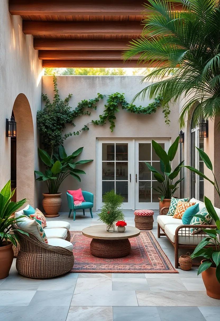 Lush Greenery: Surround your space with an array of plants and flowers, from trailing vines to palm trees, to introduce vibrant colors and textures