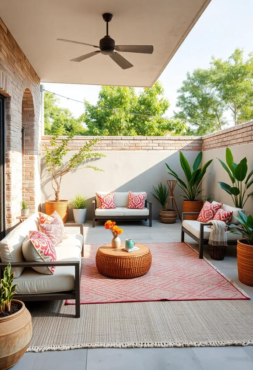 outdoor Rugs: Lay down textured rugs to define seating areas, adding comfort and style while keeping the space inviting