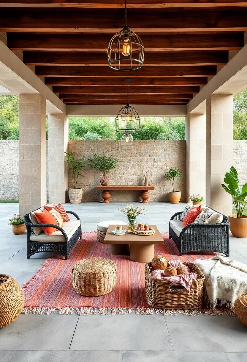 Picnic Essentials: Create an area for picnics with a low table and a separate spot for a stylish picnic setup featuring blankets and baskets