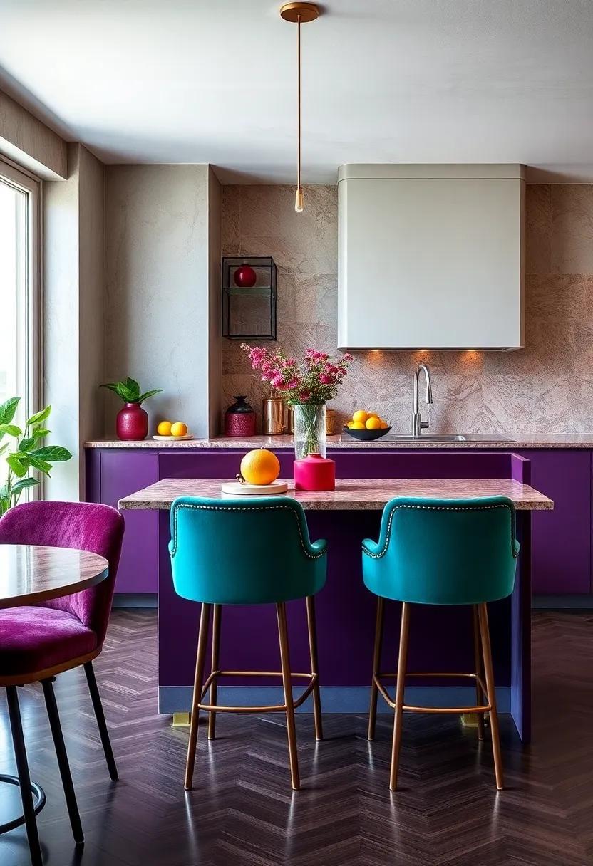 Bold Kitchen Bar Stools: brighten ⁤your kitchen with bar stools upholstered in eye-catching jewel-toned velvet​ for a stylish‌ dining experience