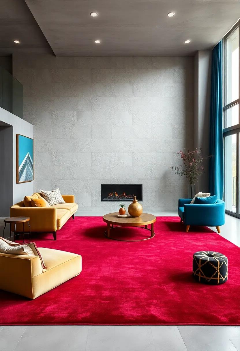 Statement Rugs: Lay down a plush velvet area ​rug in a dramatic color to anchor your‌ space while providing tactile luxury underfoot