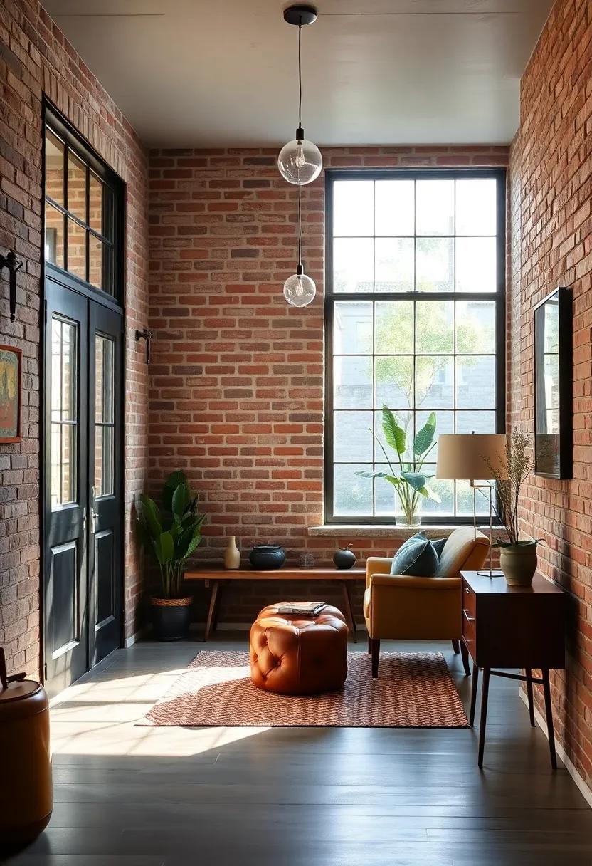 Industrial Chic:⁤ A⁤ striking entryway that ‍merges mid-century⁣ with industrial elements, showcasing a metal peg rail against exposed brick and paired with vintage leather accessories
