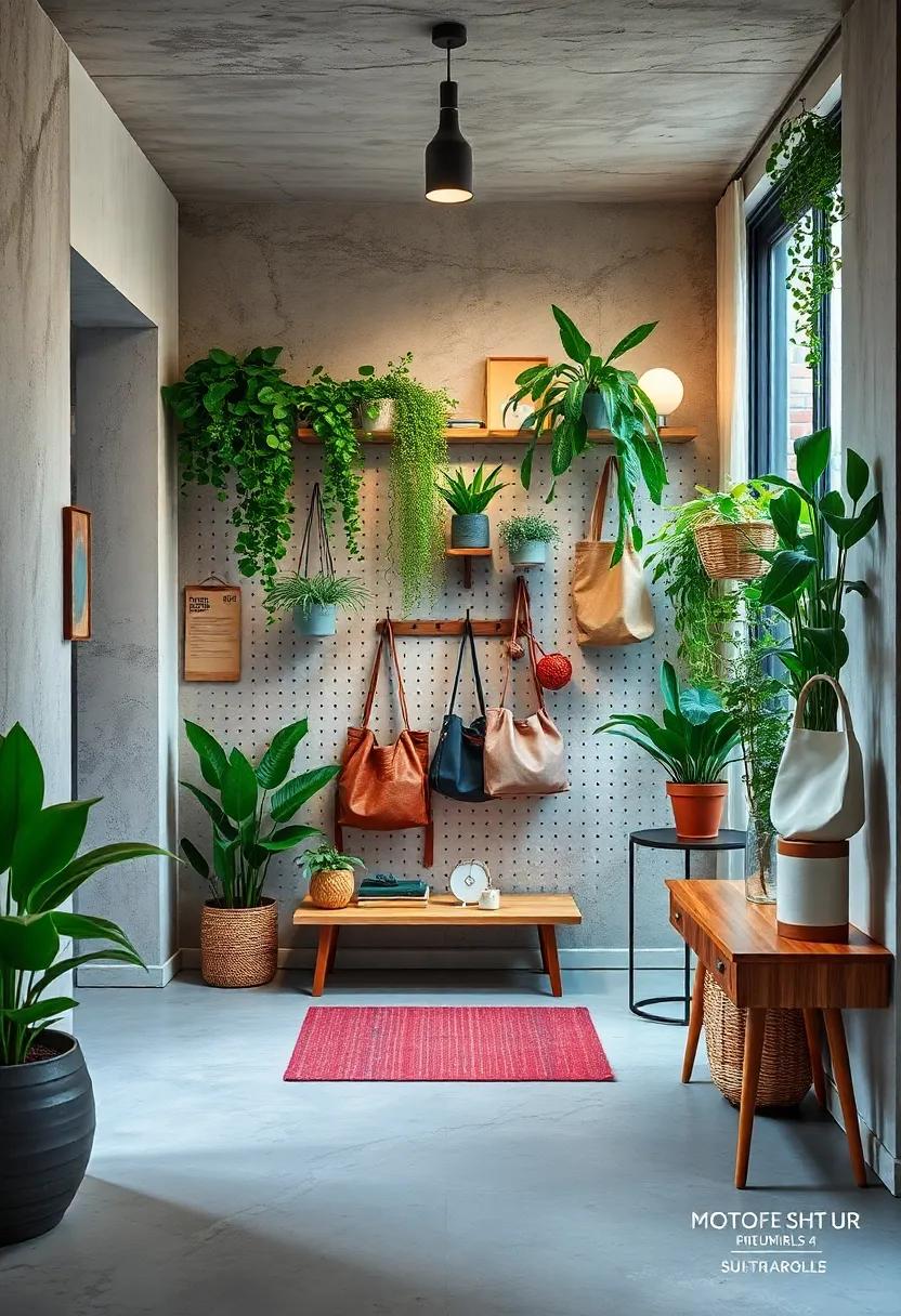Urban Jungle: An eclectic entryway filled with greenery, where a peg​ rail supports hanging plants alongside stylish bags, creating a vibrant atmosphere‍ in a concrete setting