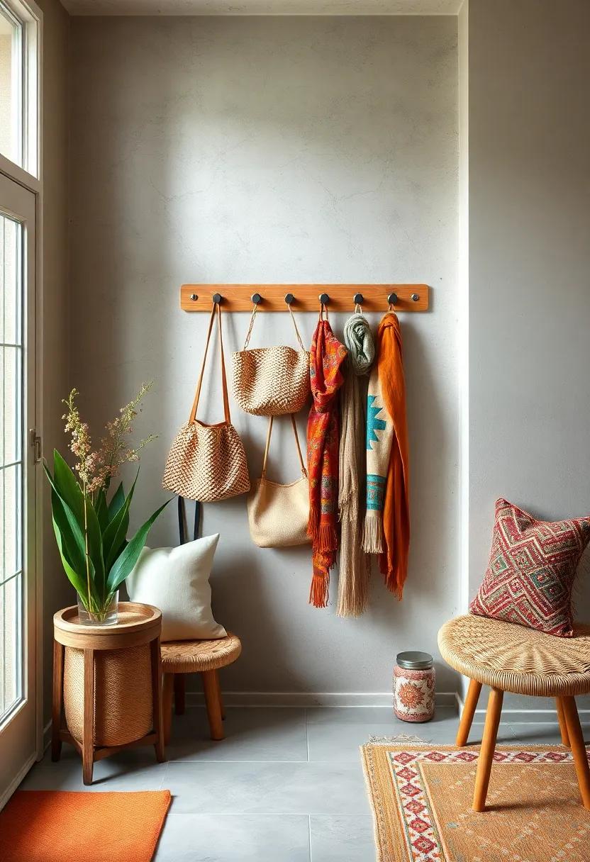 Effortless ​Bohemian: An entryway bursting with personality, where ⁤a mismatched peg rail‌ holds a collection of‌ woven bags and colorful scarves, embodying a relaxed, ⁢boho spirit