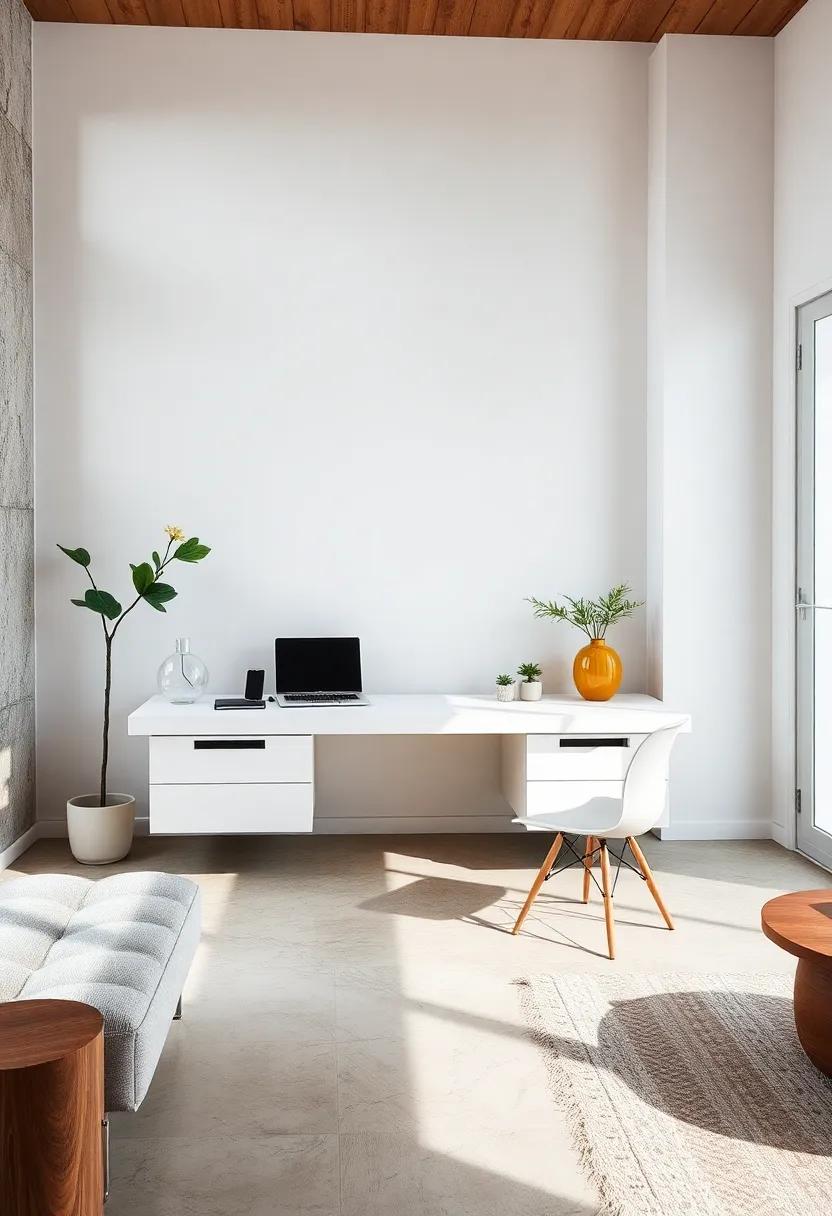 Highlight functionality in your design‌ with​ a spacious floating desk that features built-in charging stations, ensuring that‌ your minimalist space remains tech-friendly