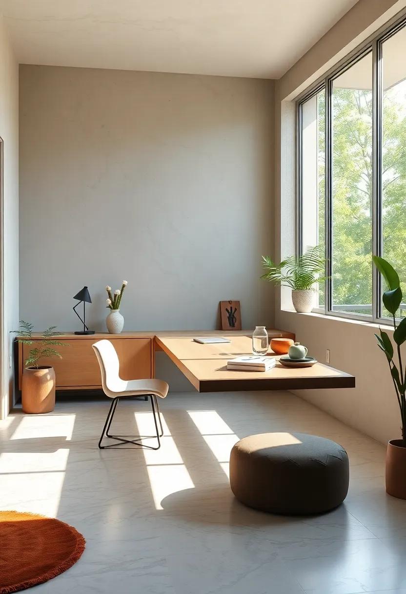 Discover the magic ​of⁣ a minimalist workspace bathed in natural ‌light, showcasing⁣ a floating desk⁤ that invites ⁢productivity and peace with ⁣large windows nearby