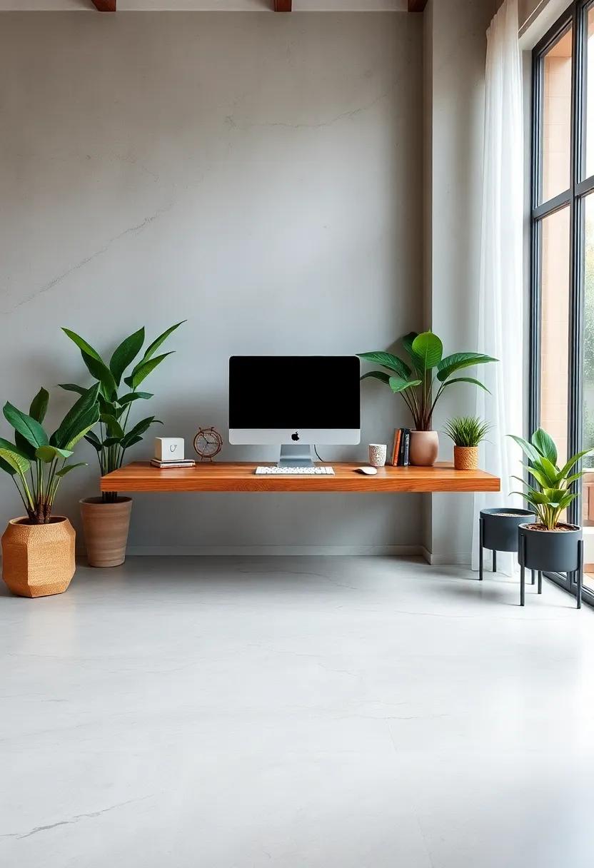 Infuse your workspace with a touch of nature by incorporating a wooden floating desk surrounded by potted plants that inspire tranquility and focus
