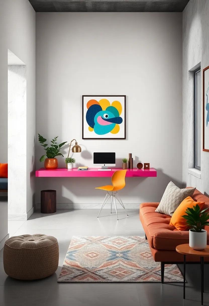 Transform a dull corner with a vibrant, colorful floating desk and ⁤playful artwork, igniting‌ energy and‍ excitement ⁢in your workspace for innovative ideas