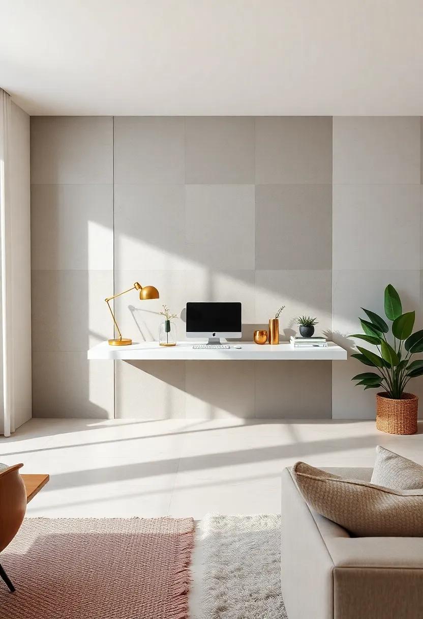 experience the allure of a clean⁢ and modern aesthetic with a minimalist floating‌ desk ‌accented by​ metallic decor, balancing beauty and practicality effortlessly