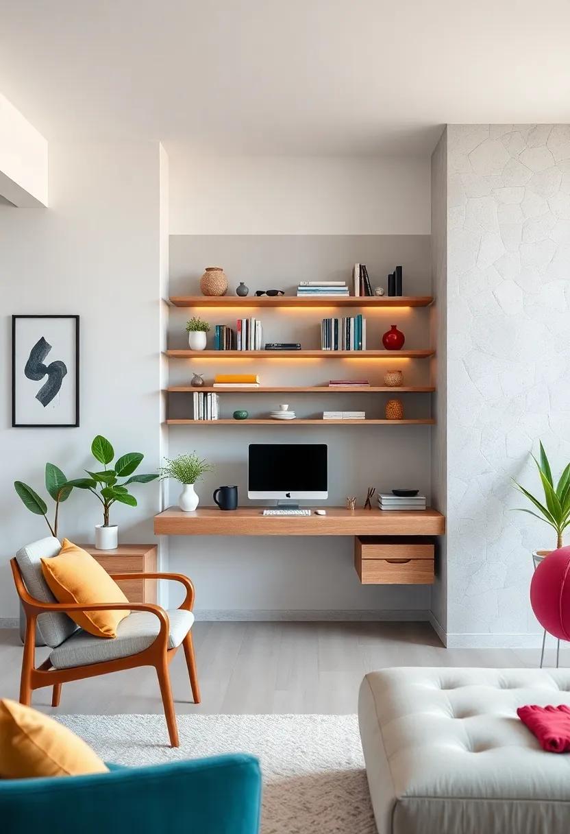 Experience the functionality of a multi-tier floating desk system that combines workspace and⁣ shelving, perfect for organizing supplies while keeping the look minimalist