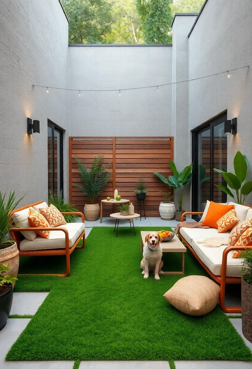 Design a pet-friendly patio with durable turf, ​providing your​ furry friends⁣ a⁢ soft space⁢ to play while keeping the‌ area neat and tidy