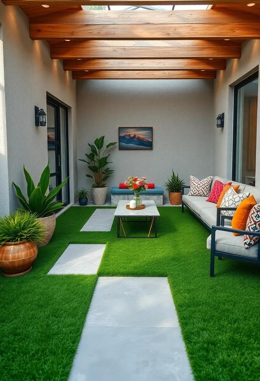 Experiment ⁣with ‍geometric patterns using contrasting turf textures to add an artistic flair ⁣to your outdoor space, turning your ​patio into a visual masterpiece