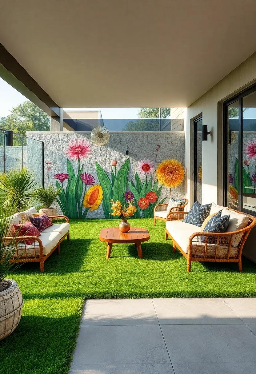 Personalize your patio⁢ with a decorative mural ⁣on a wall, juxtaposed against a ‍grassy landscape, adding a‌ community art feel​ to your oasis