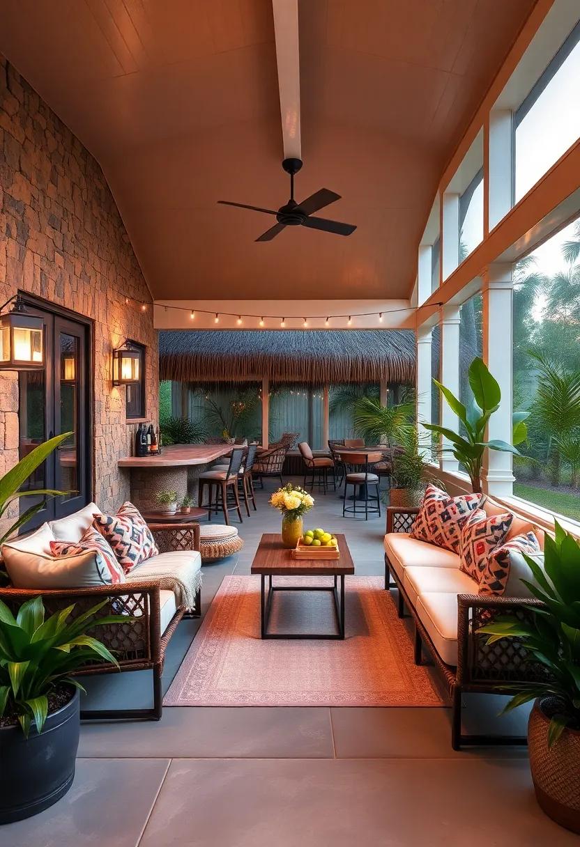 Sunset Serenade: Enjoy live music as you sip on your favorite cocktails in this stylish screened porch​ surrounded by flickering‍ tiki ‍torches