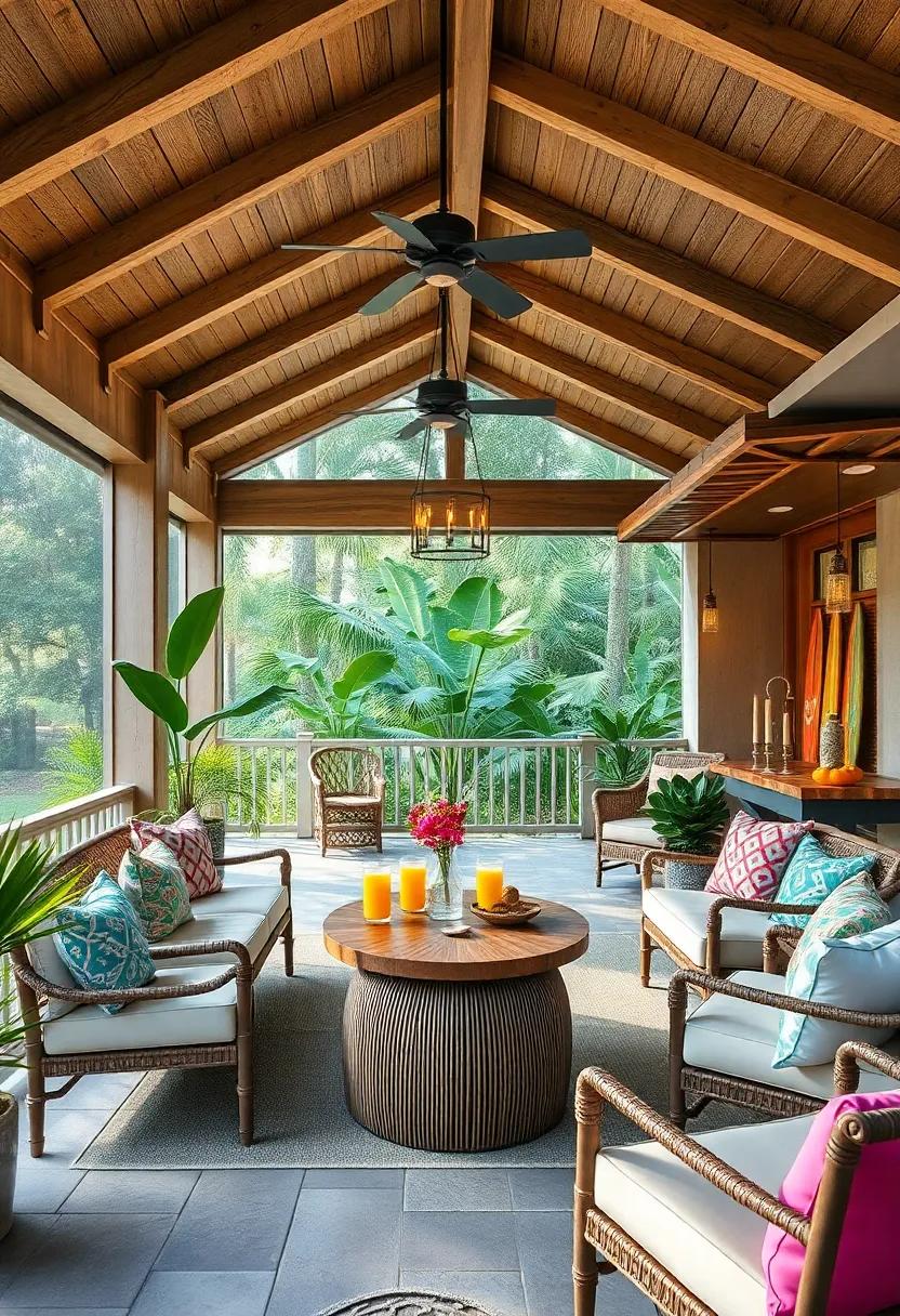 Paradise Point: Inviting you into a colorful oasis, this porch features rustic surfboards and a welcoming tiki bar that serves up tropical smoothies all day long