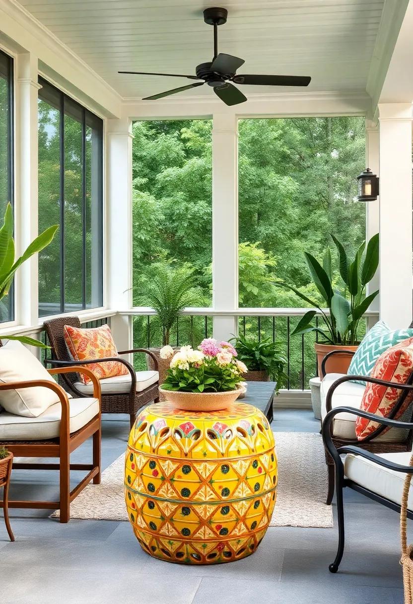 Ceramic Garden Stool - A colorful ceramic garden stool adds a pop of color and versatility, doubling as seating or a side table