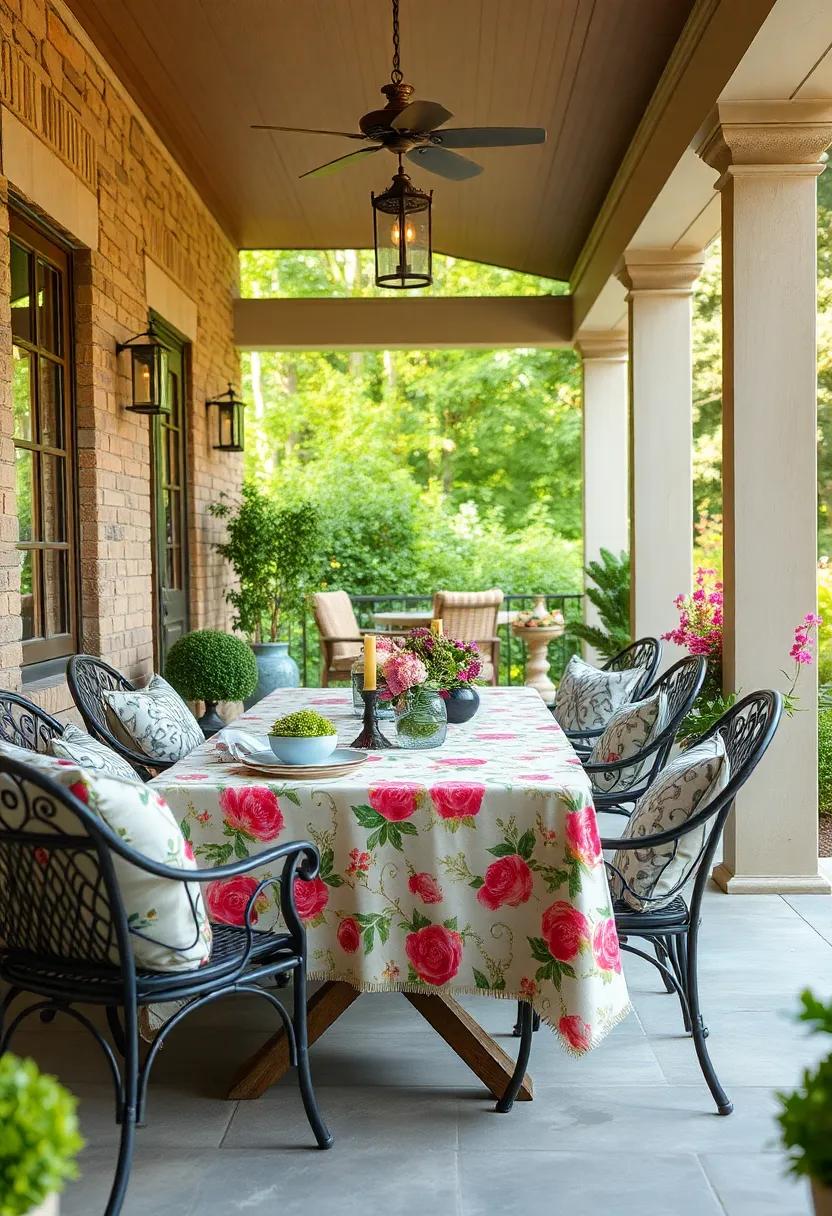 Floral Print Tablecloth - Dress up your dining space with a vibrant floral tablecloth reminiscent of vintage tea parties, setting the scene for outdoor dining