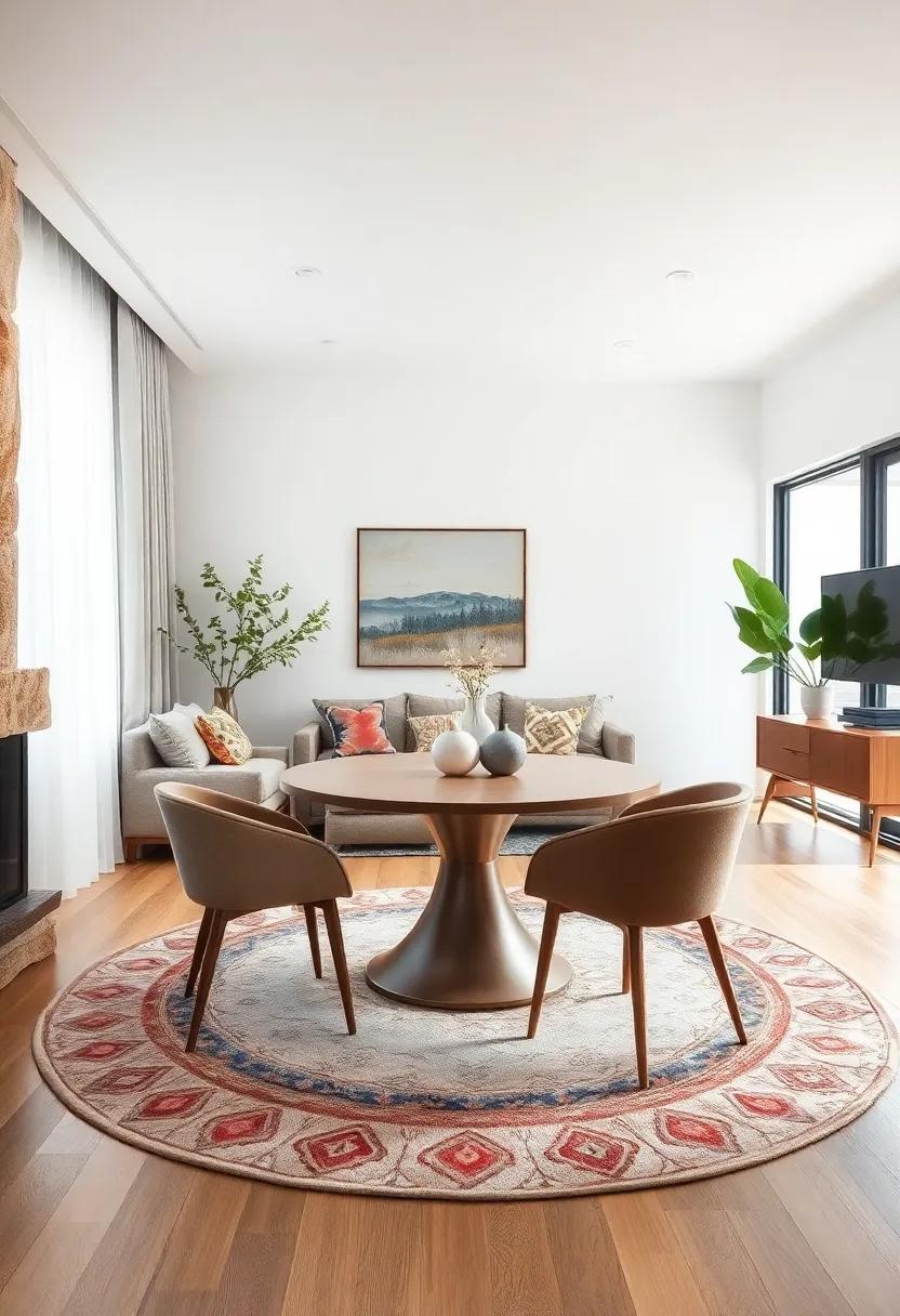 Add a Rug: define your dining area by placing a decorative rug underneath the table, which can create a cozy focal point while separating spaces visually