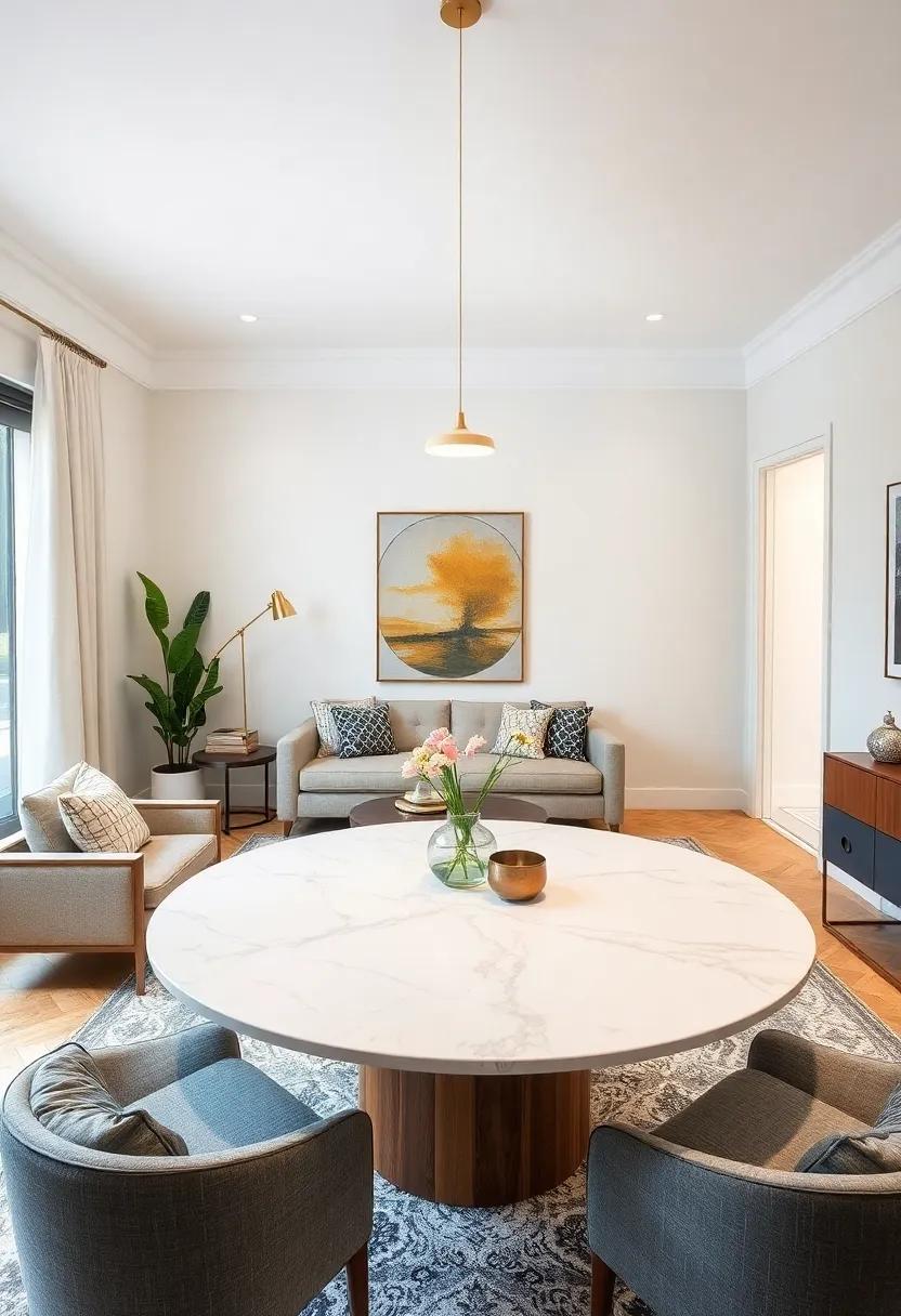 Mix Materials: Combine different materials, such as wood, marble, or metal, for your round table to introduce visual intrigue and reflect your personal style