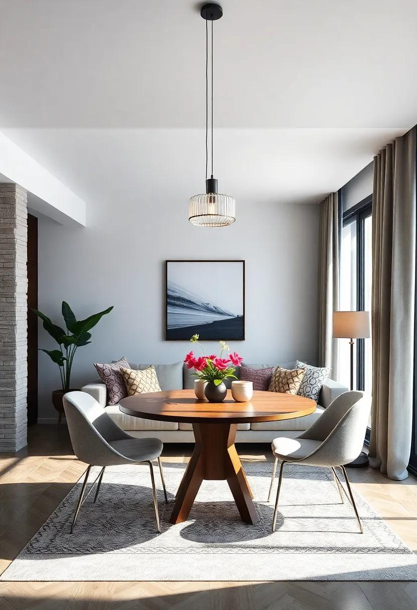 Hang Pendant Lights: Install a modern pendant light above your round table to create an intimate dining atmosphere while enhancing your living room’s style