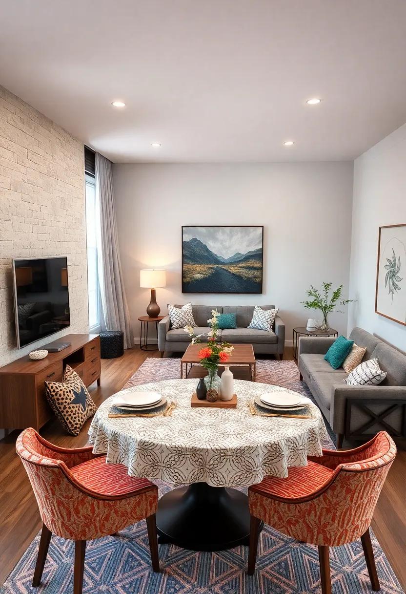 Play with Patterns: Use patterned tablecloths or placemats to add visual interest and style, making your dining area pop in your cozy living room