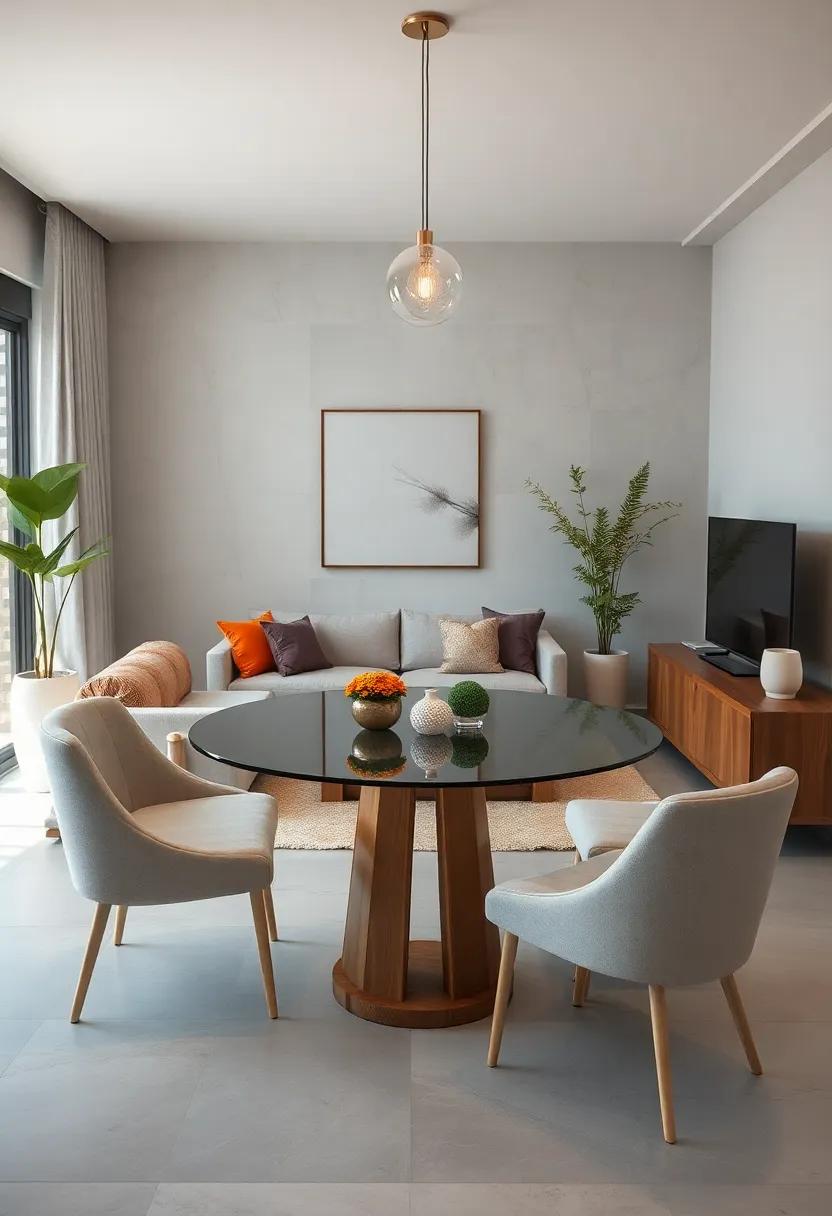 choose Transparent Furniture: Consider a glass or acrylic round table that minimizes visual weight and makes the room feel larger and less cluttered